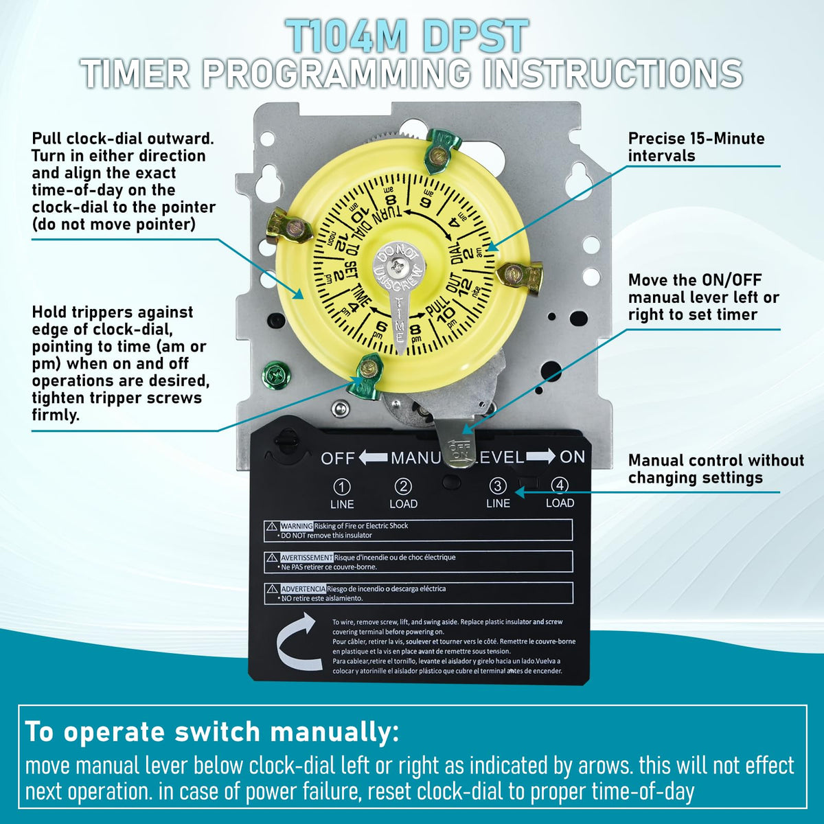 JKLESA T104M time switch back panel highlighting connection terminals