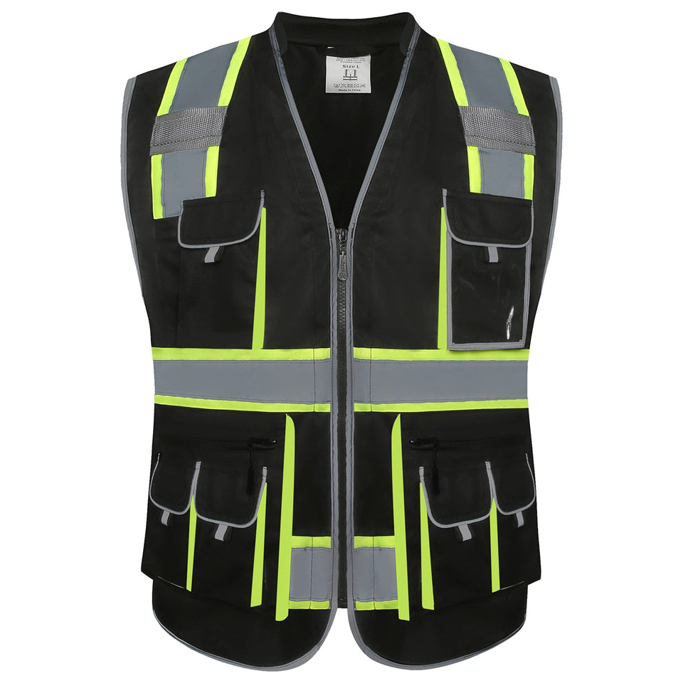 JKSafety 10-pockets hi-vis vest front view with tool pockets for on-site convenience.