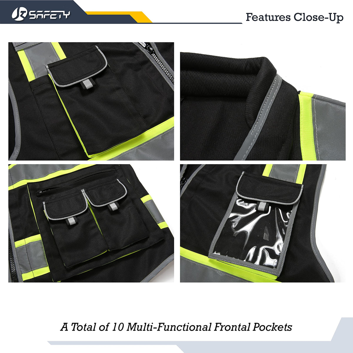 JKSafety vest pocket-details showing multiple compartments for organized tools on the job.