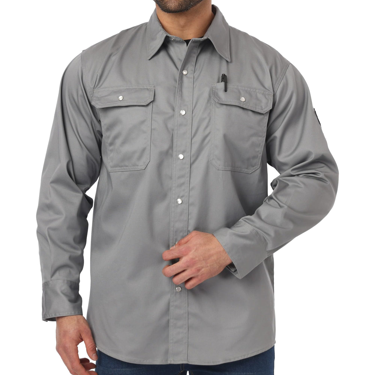 JKSafety FR shirt chest pockets close up for tool storage