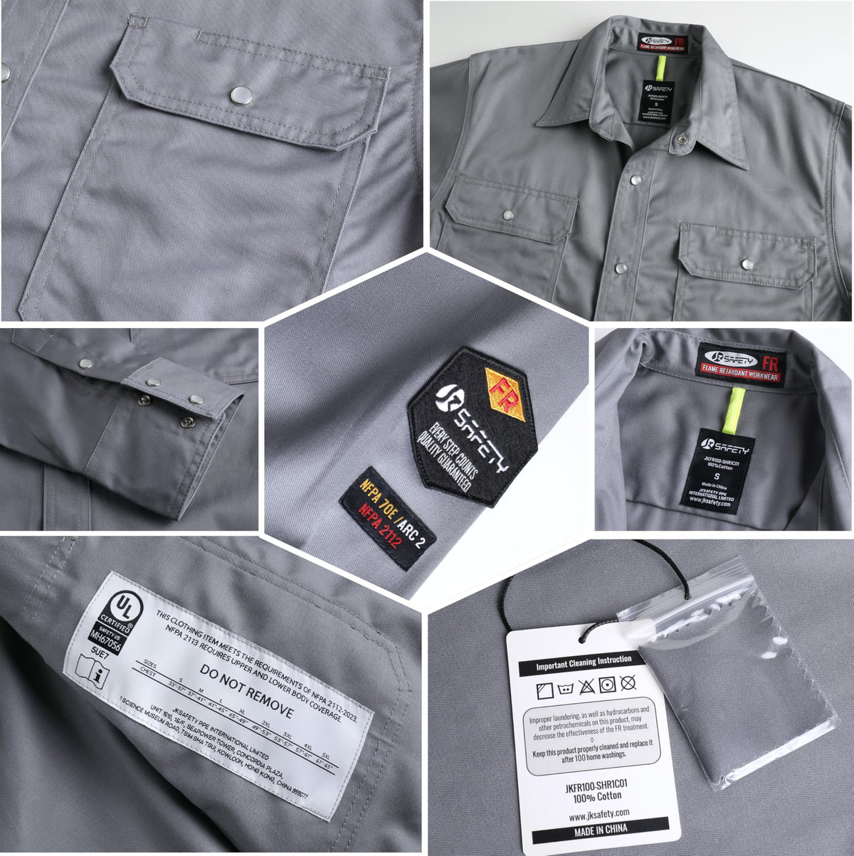 Close up of JKSafety FR shirt snap button closure for quick wear