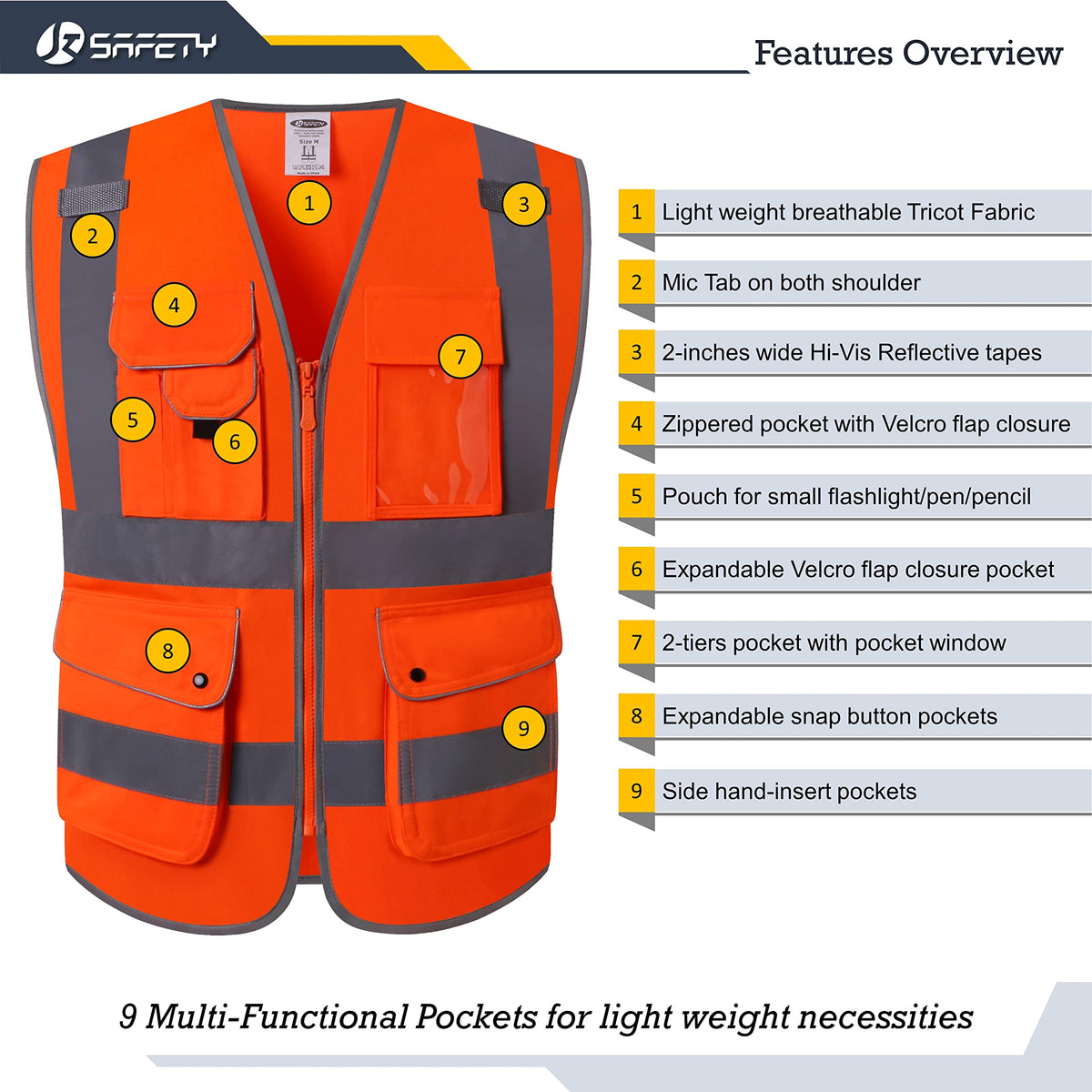 JKSafety 9-pockets vest back view highlights high-visibility material for roadside awareness.