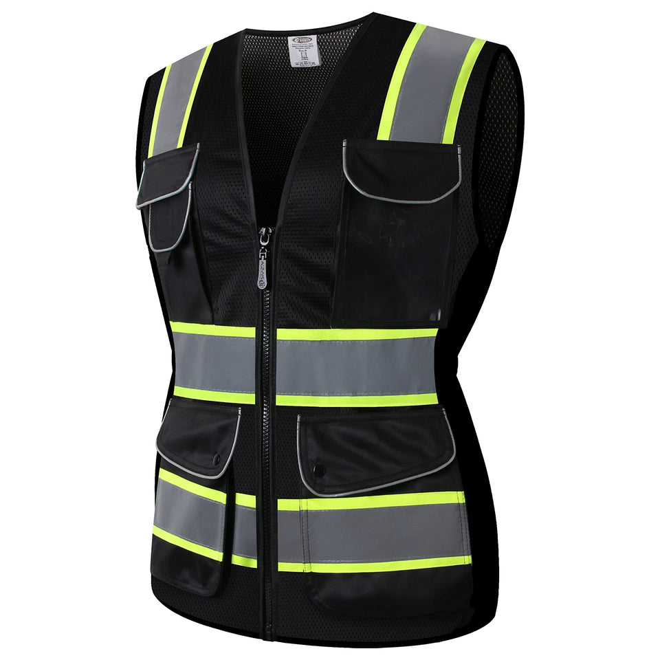 JKSafety 9-pocket women's hi-vis vest front view with spacious pockets.