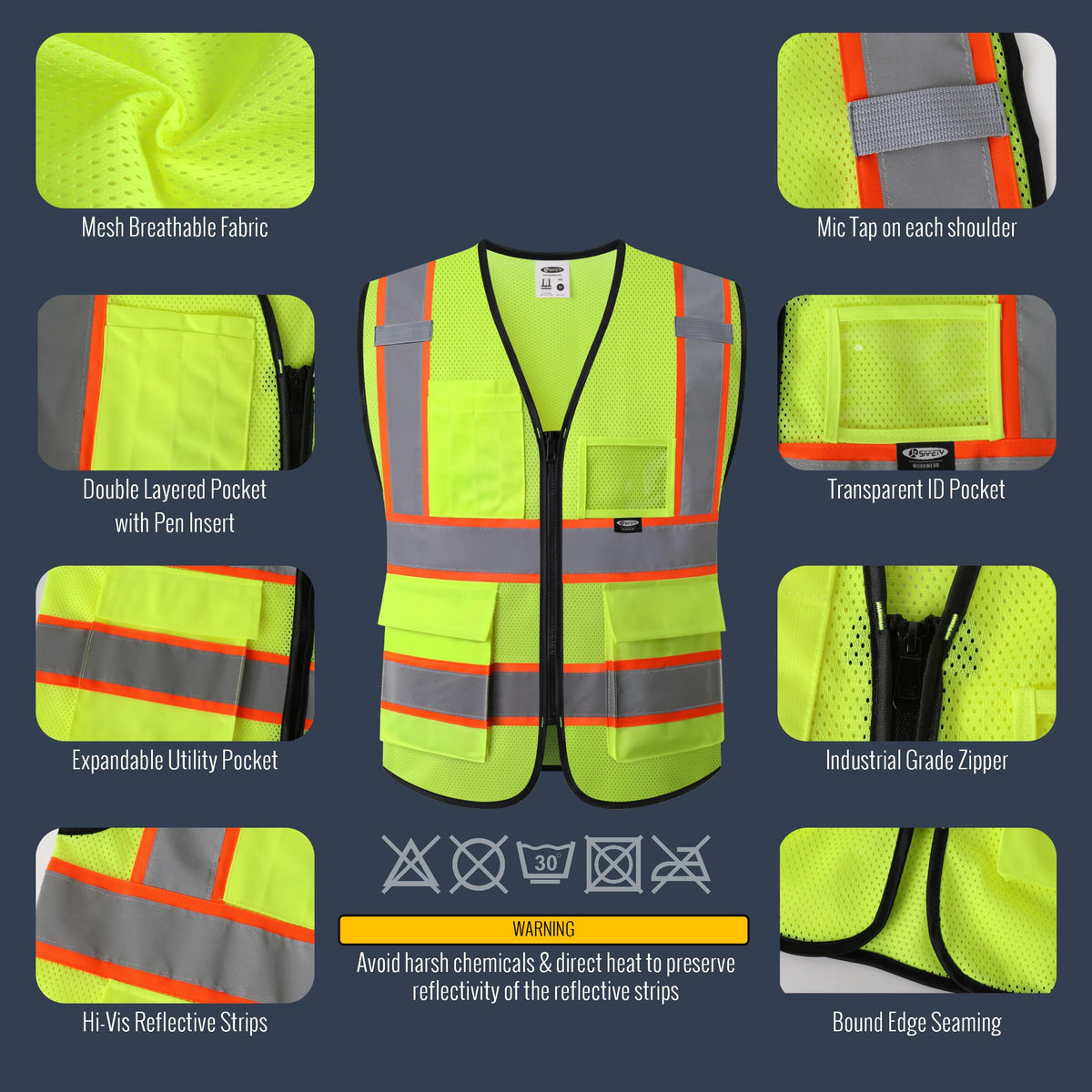 JKSafety BX320 yellow vest back reflective tape boosts visibility from behind in low light.