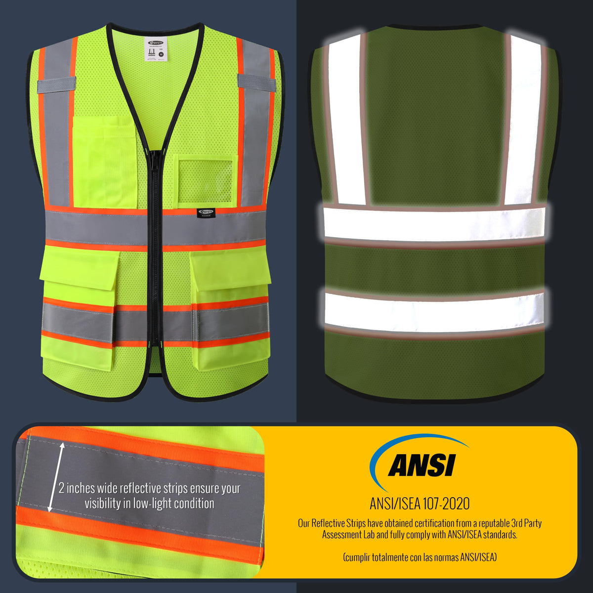 JKSafety BX320 yellow extended orange strips improve daytime conspicuity on busy sites.