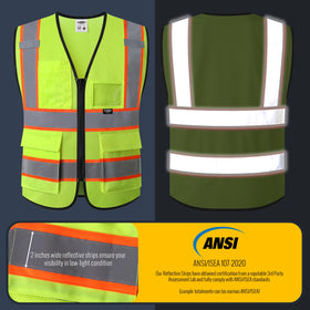 JKSafety BX320 yellow extended orange strips improve daytime conspicuity on busy sites.