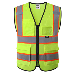 JKSafety BX320 yellow vest front zipper for quick access on busy job sites.