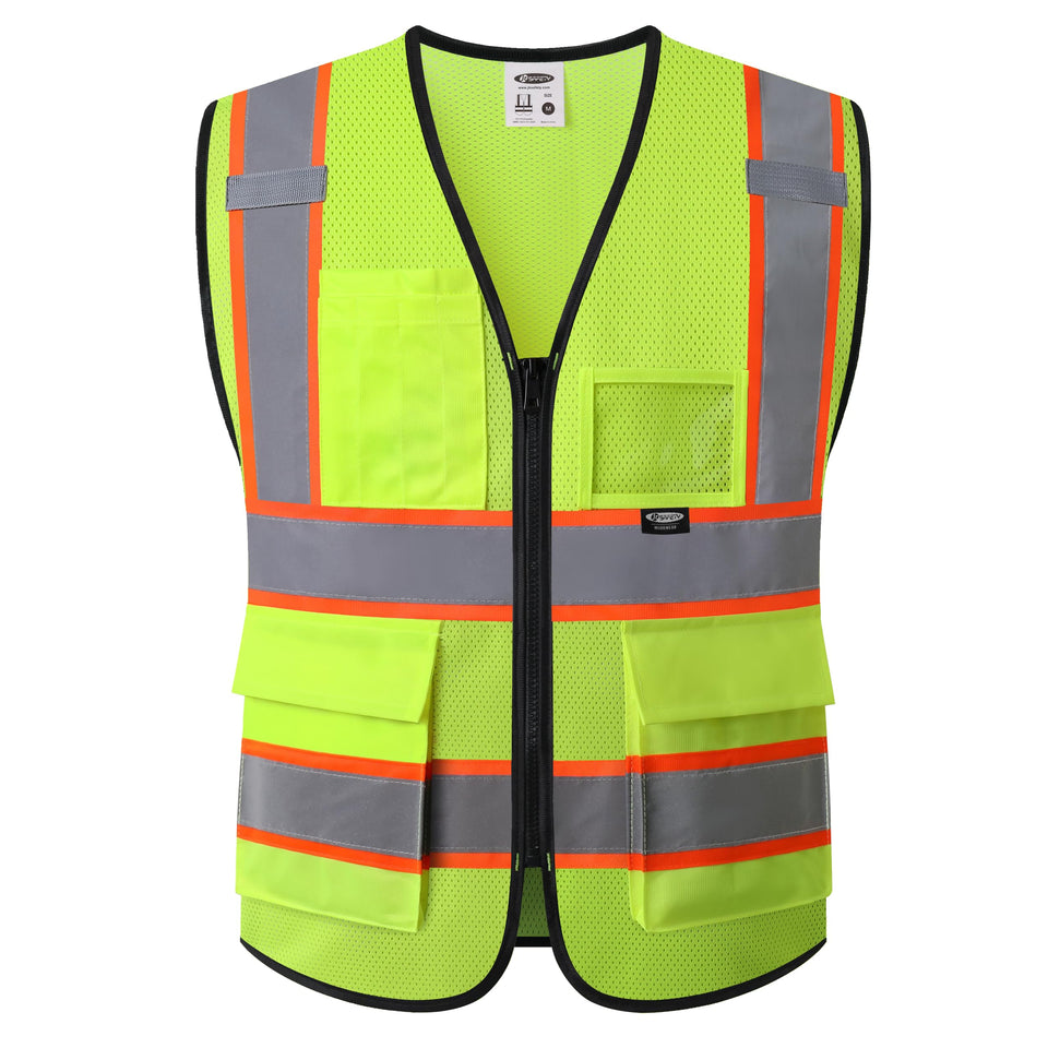 JKSafety BX320 yellow vest front zipper for quick access on busy job sites.
