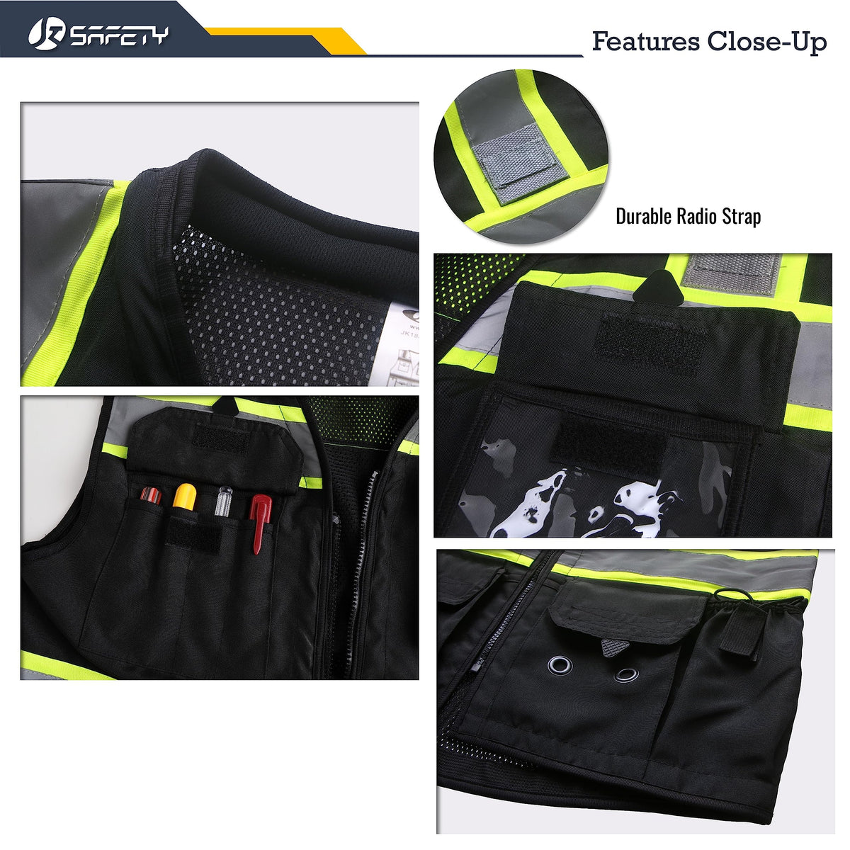 JKSafety Hi-Vis Black Surveyor Vest back view showing breathable mesh back