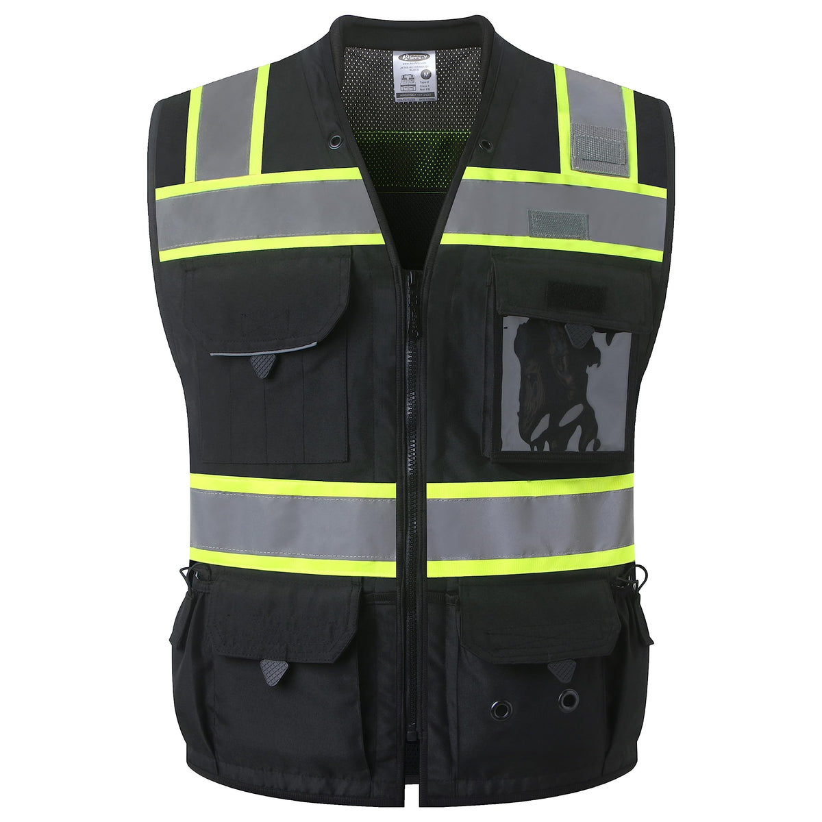 JKSafety Hi-Vis Black Surveyor Vest front view emphasizing high-visibility design