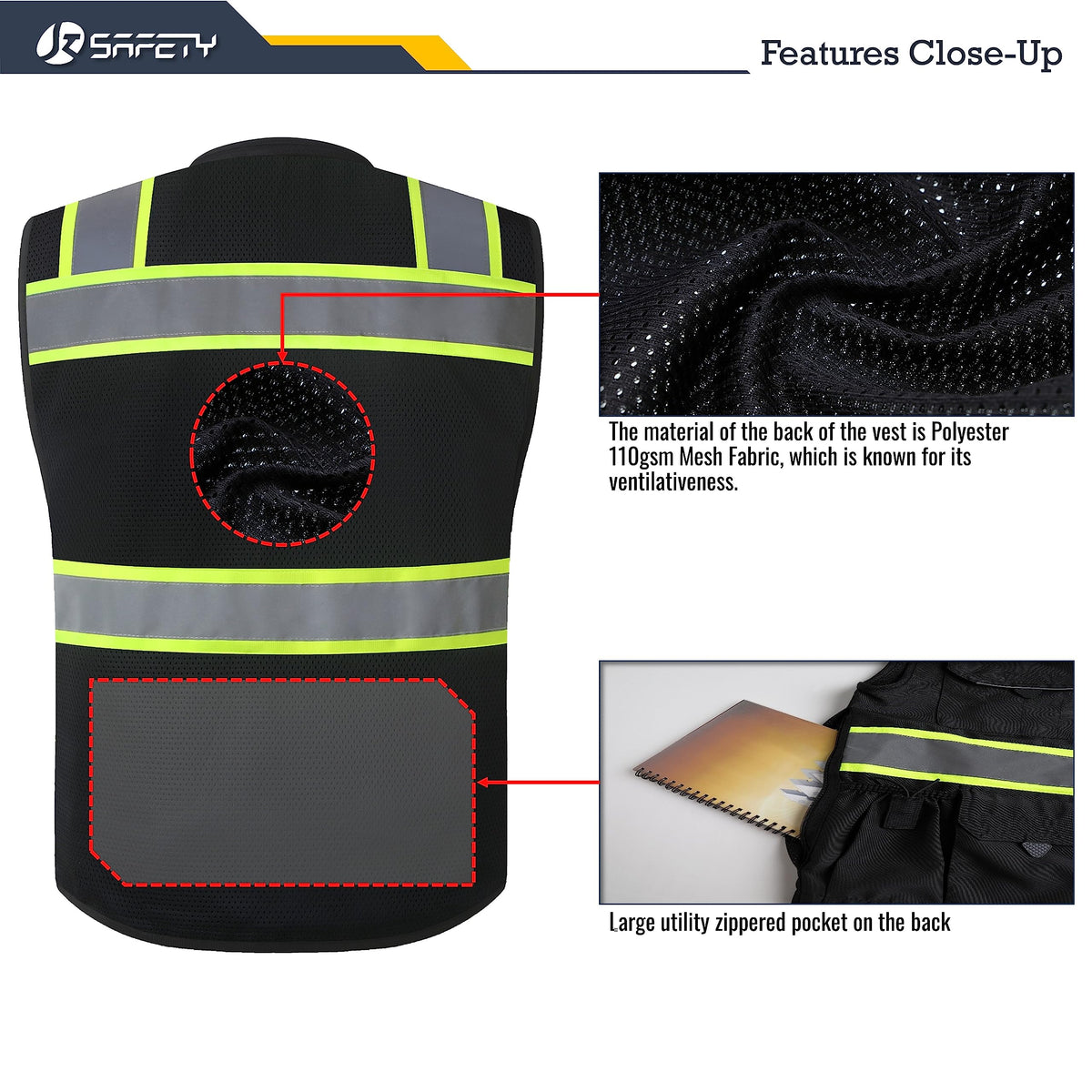 JKSafety Hi-Vis Black Surveyor Vest mesh back for improved airflow with PPE