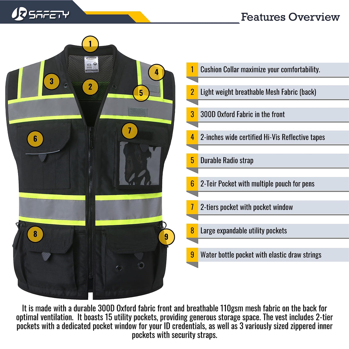 JKSafety Hi-Vis Black Surveyor Vest multiple pockets including water bottle and phone