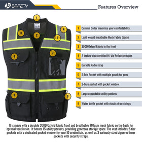 JKSafety Hi-Vis Black Surveyor Vest multiple pockets including water bottle and phone