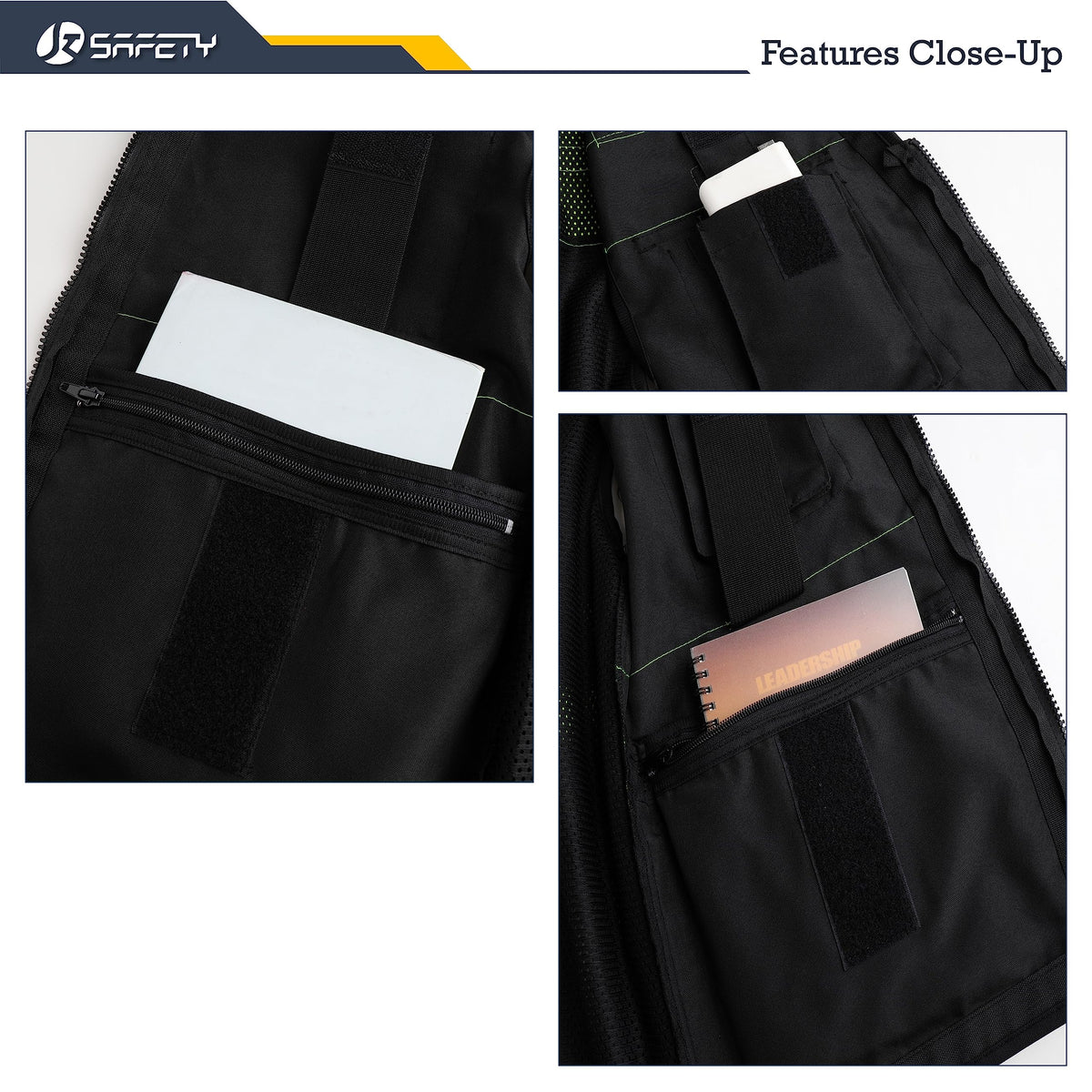 JKSafety Hi-Vis Black Surveyor Vest reflective strips on fluorescent trims for visibility