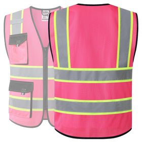 JKSafety ANSI/ISEA compliant neon safety vest with size guidance.