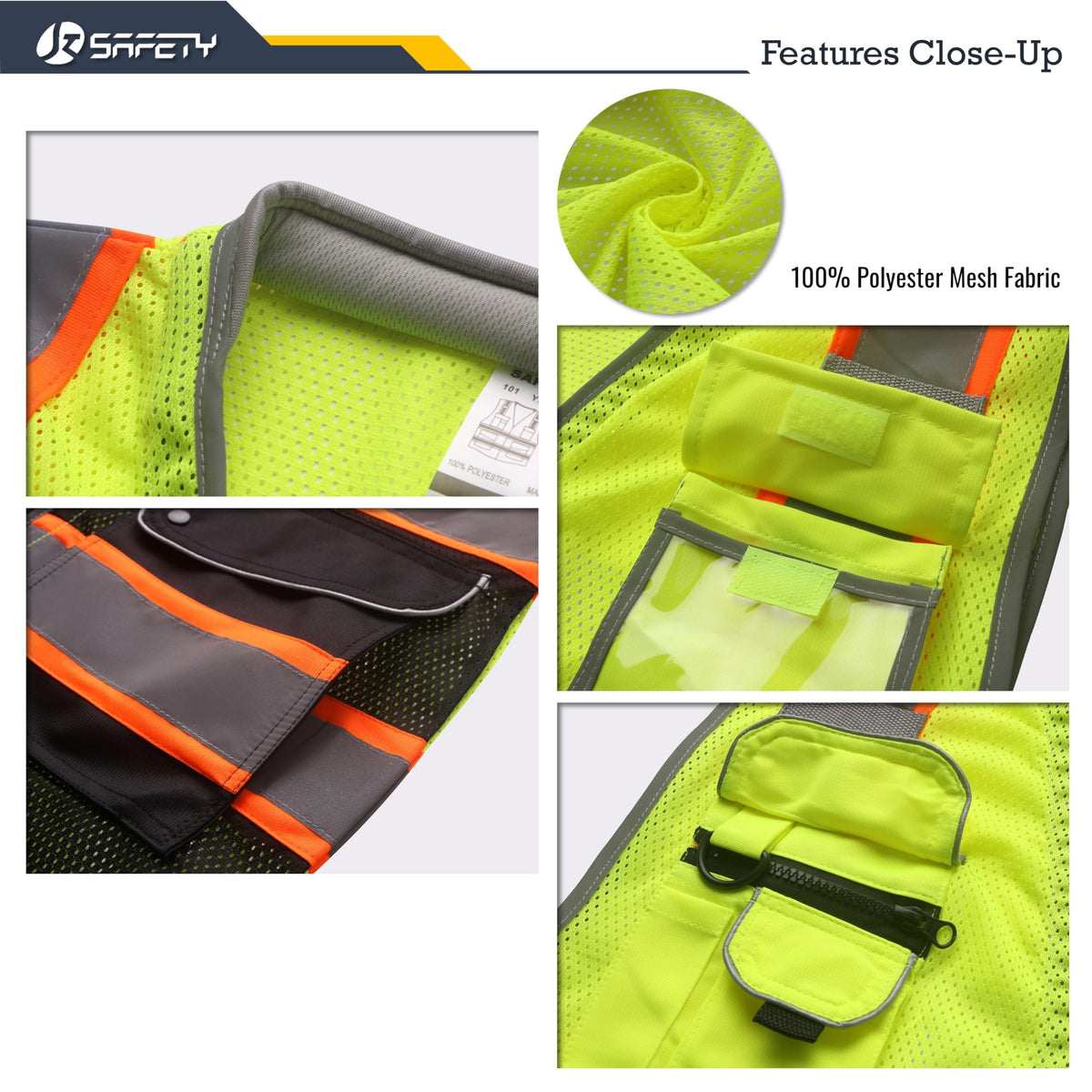 JKSafety hi-vis vest back highlighting reflective strips for enhanced visibility