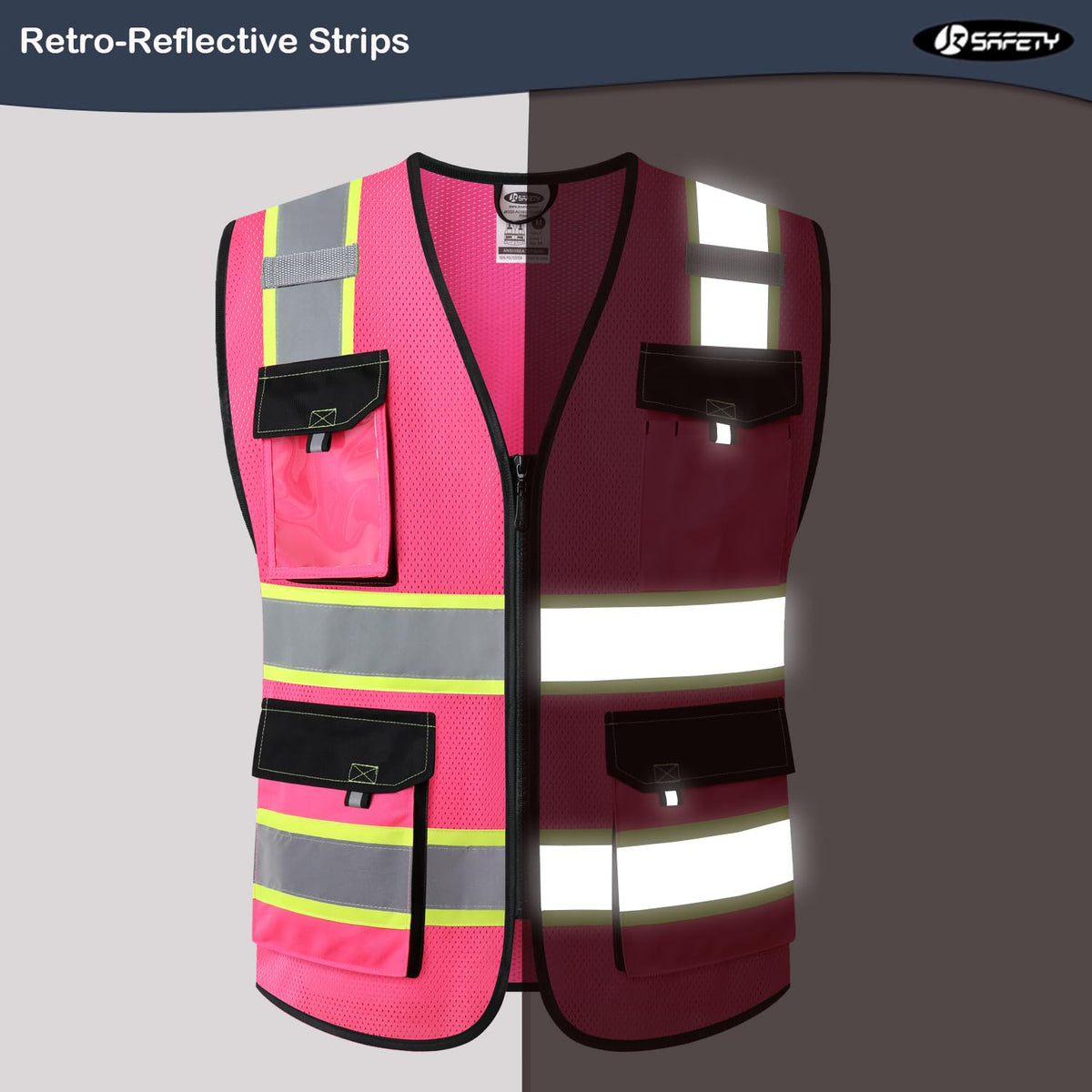 JKSafety hi vis vest back view showing multiple pockets