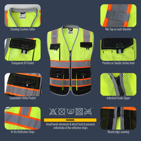 JKSafety hi-vis vest showing extended fluorescent trim for daytime visibility