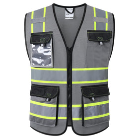 JKSafety hi-vis vest front view in gray mesh enhances daytime visibility for outdoor work