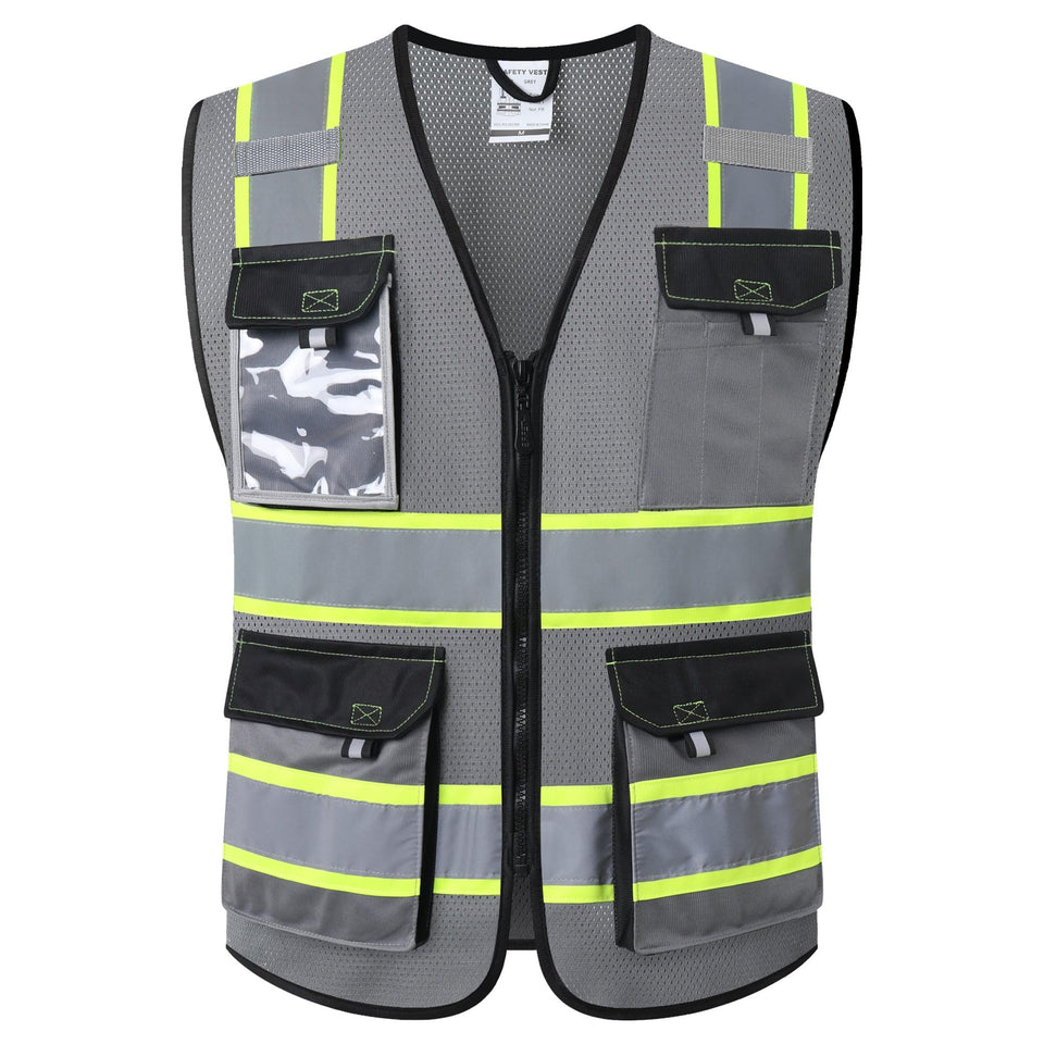 JKSafety hi-vis vest front view in gray mesh enhances daytime visibility for outdoor work