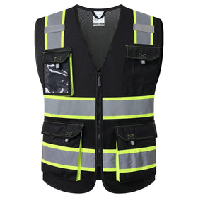 JKSafety hi-vis vest front view with reflective strips and multiple pockets.