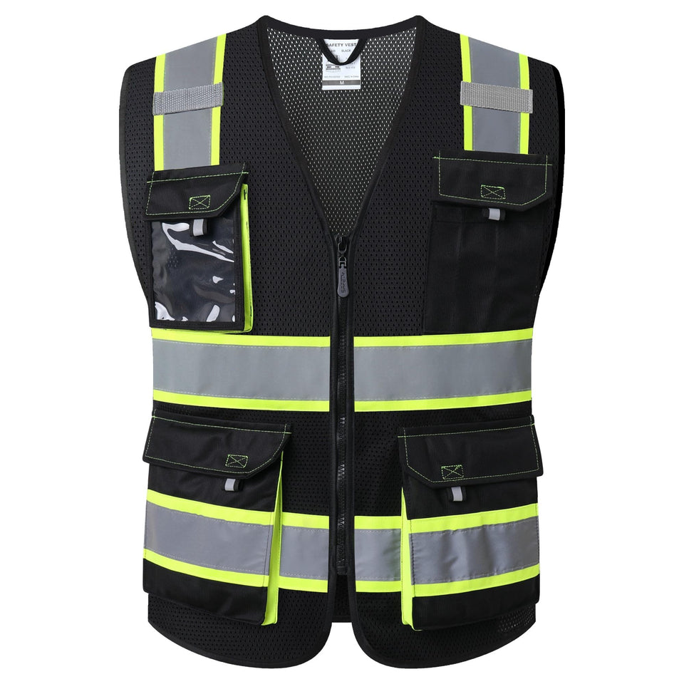 JKSafety hi-vis vest front view with reflective strips and multiple pockets.