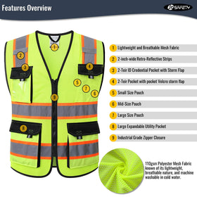 JKSafety hi vis vest ID window pocket helps organize credentials.