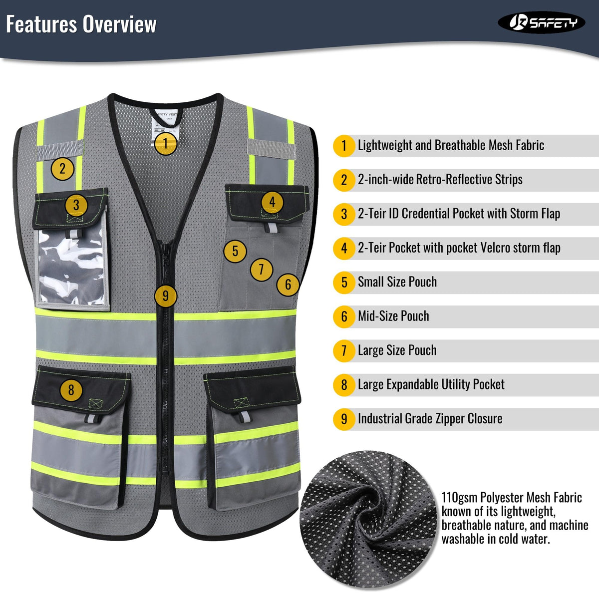JKSafety hi vis vest mesh fabric for breathable comfort.