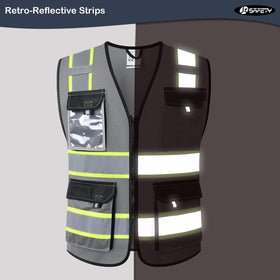 JKSafety hi-vis vest neon back view with reflective tapes for low-light safety.