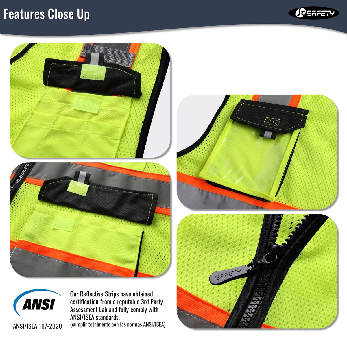 JKSafety Hi Vis Vest pocket setup showing multiple compartments for tools and IDs.