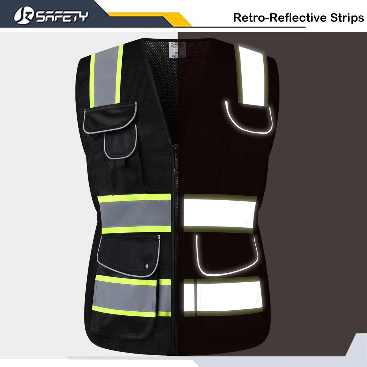 JKSafety hi-vis vest with reflective strips on shoulders for daytime visibility.