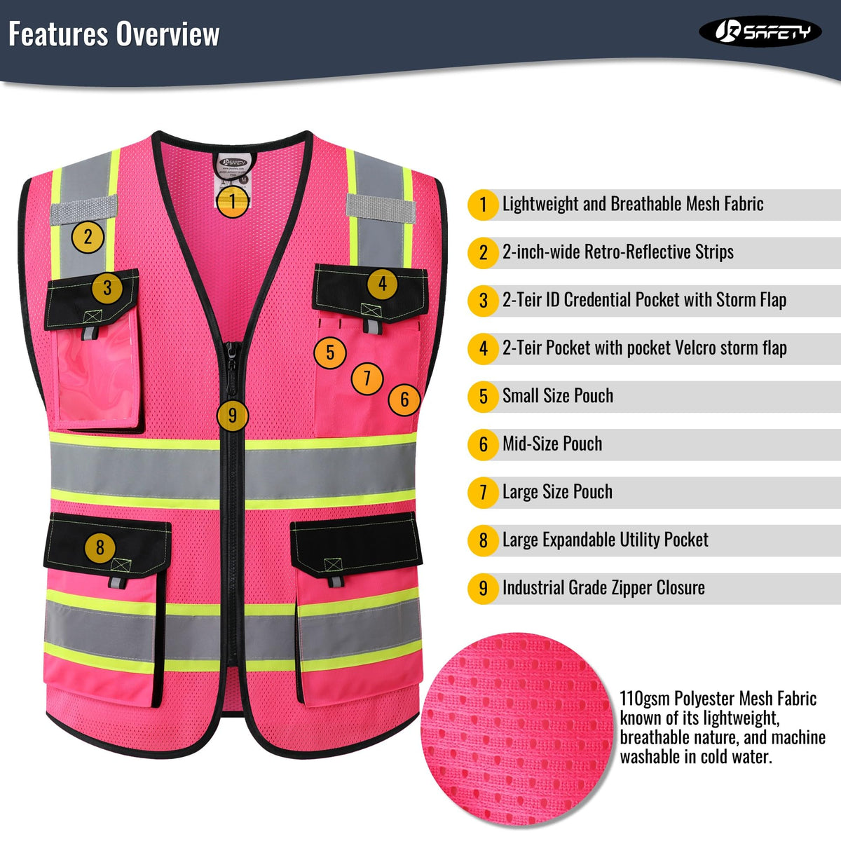 JKSafety hi-vis vest reflective tapes closeup highlighting ANSI/ISEA compliance.