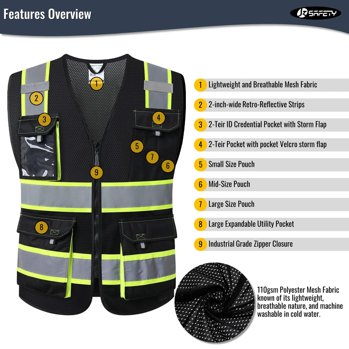 JKSafety Hi-Vis Vest shoulder and chest coverage helps you stay visible from all angles.