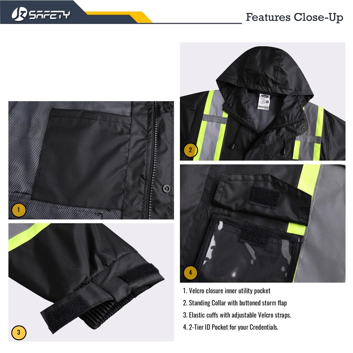 JKSafety rain jacket with foldable hood and drawstrings for added weather protection.