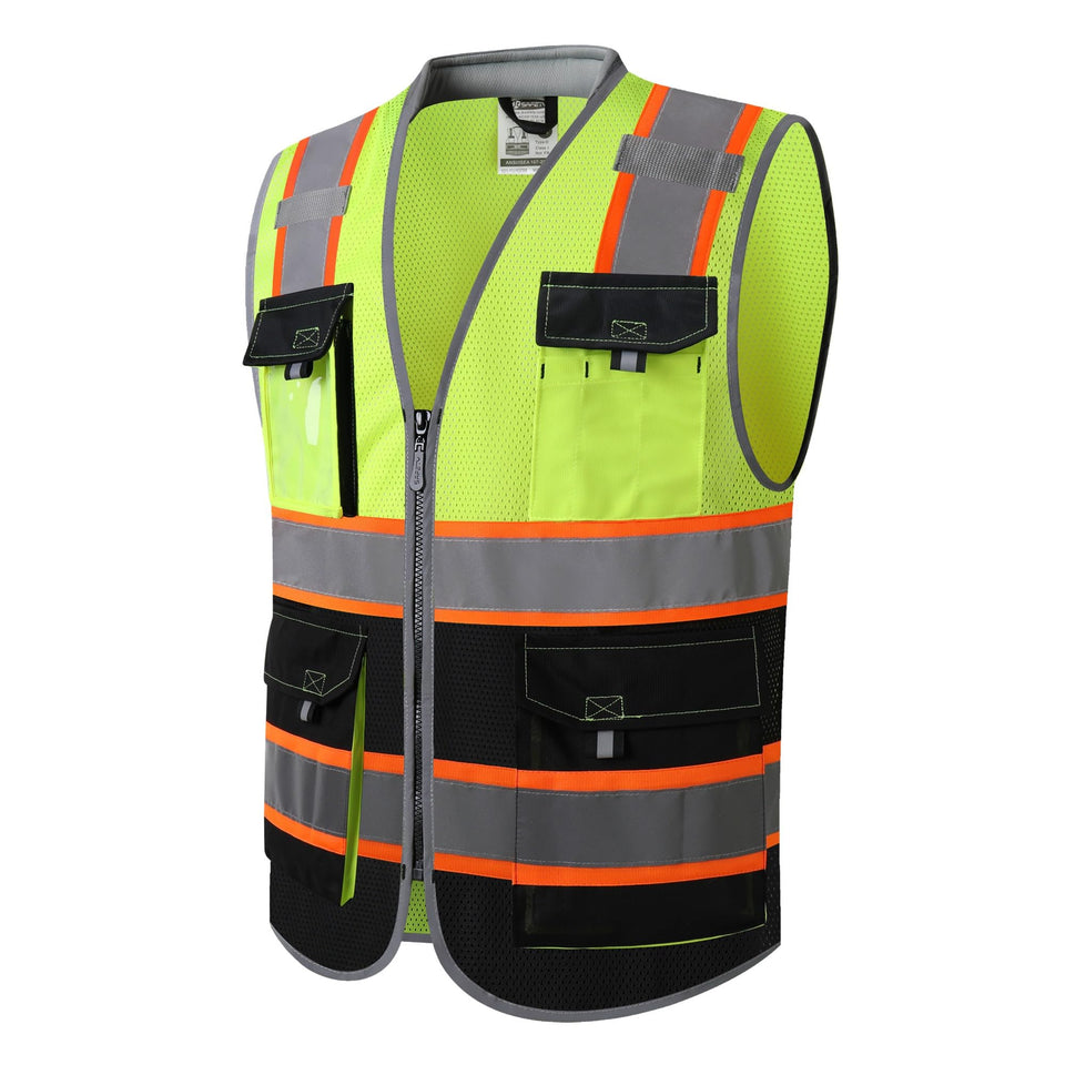 JKSafety safety vest front view with reflective tape for high visibility