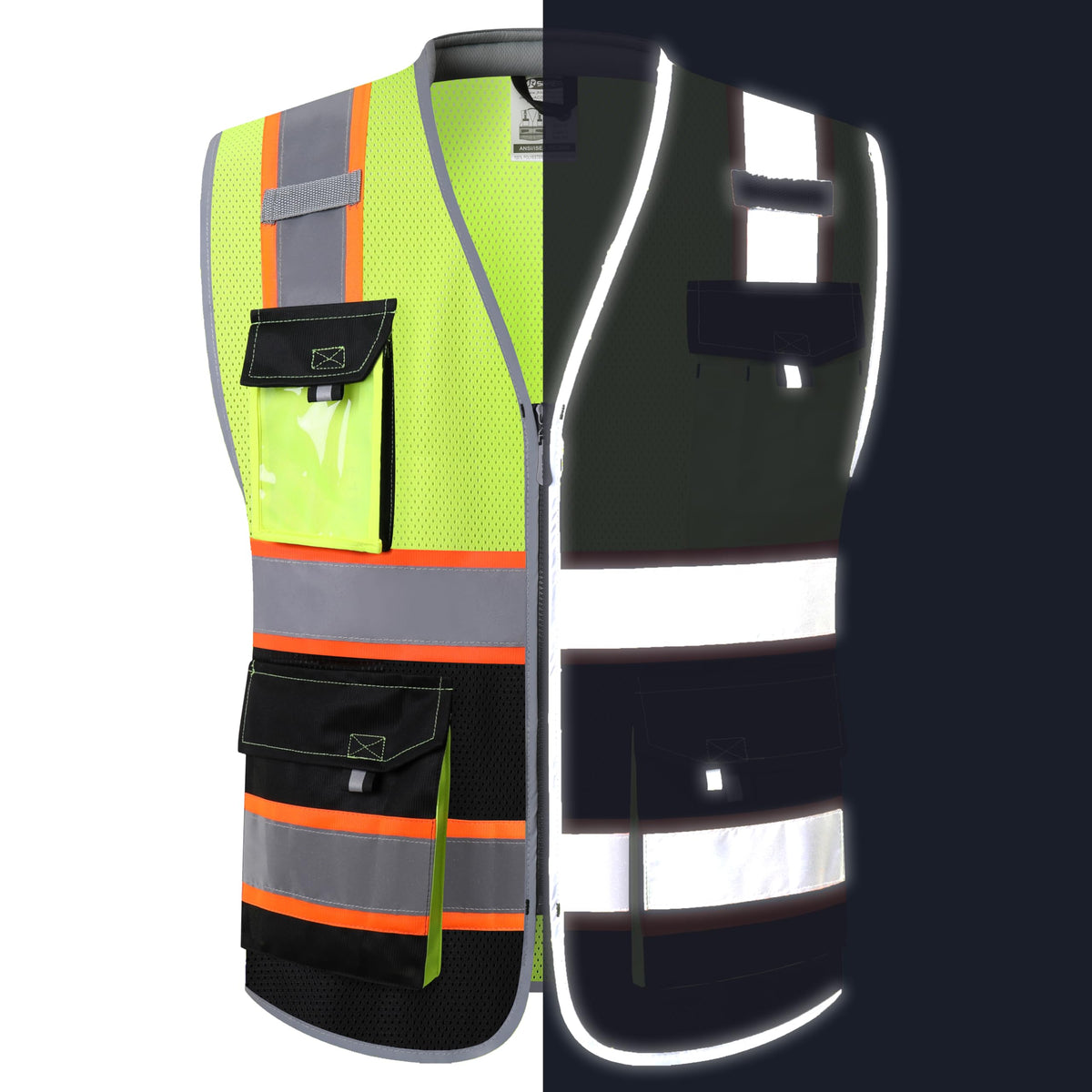 JKSafety vest pocket layout highlighting eight convenient compartments