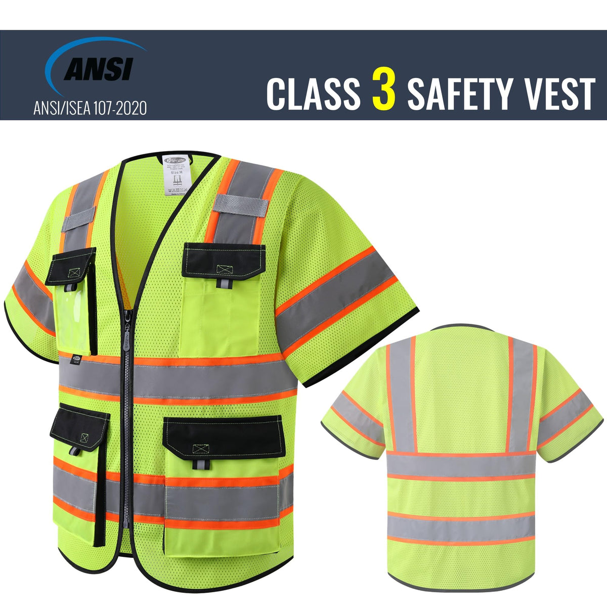 Front and back view of JKSafety sleeved hi-vis vest showing vibrant color and pockets.