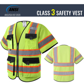 Front and back view of JKSafety sleeved hi-vis vest showing vibrant color and pockets.