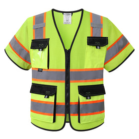 JKSafety sleeved hi-vis vest in yellow with reflective tape for enhanced low-light visibility.