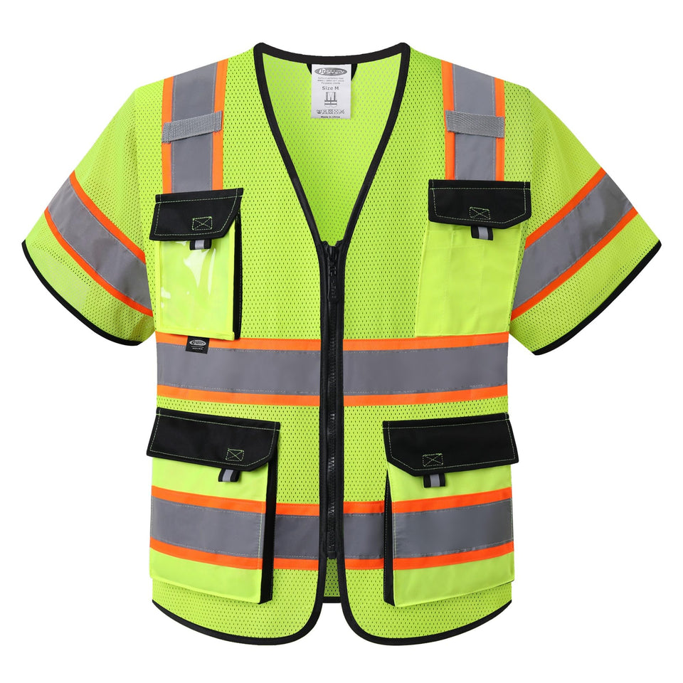 JKSafety sleeved hi-vis vest in yellow with reflective tape for enhanced low-light visibility.