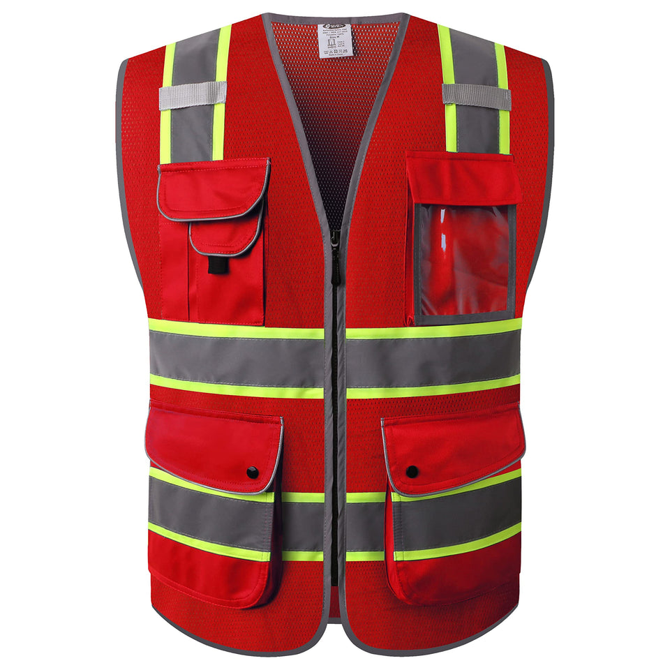 JKSafety vest neon red front view for daytime visibility and safety on site.