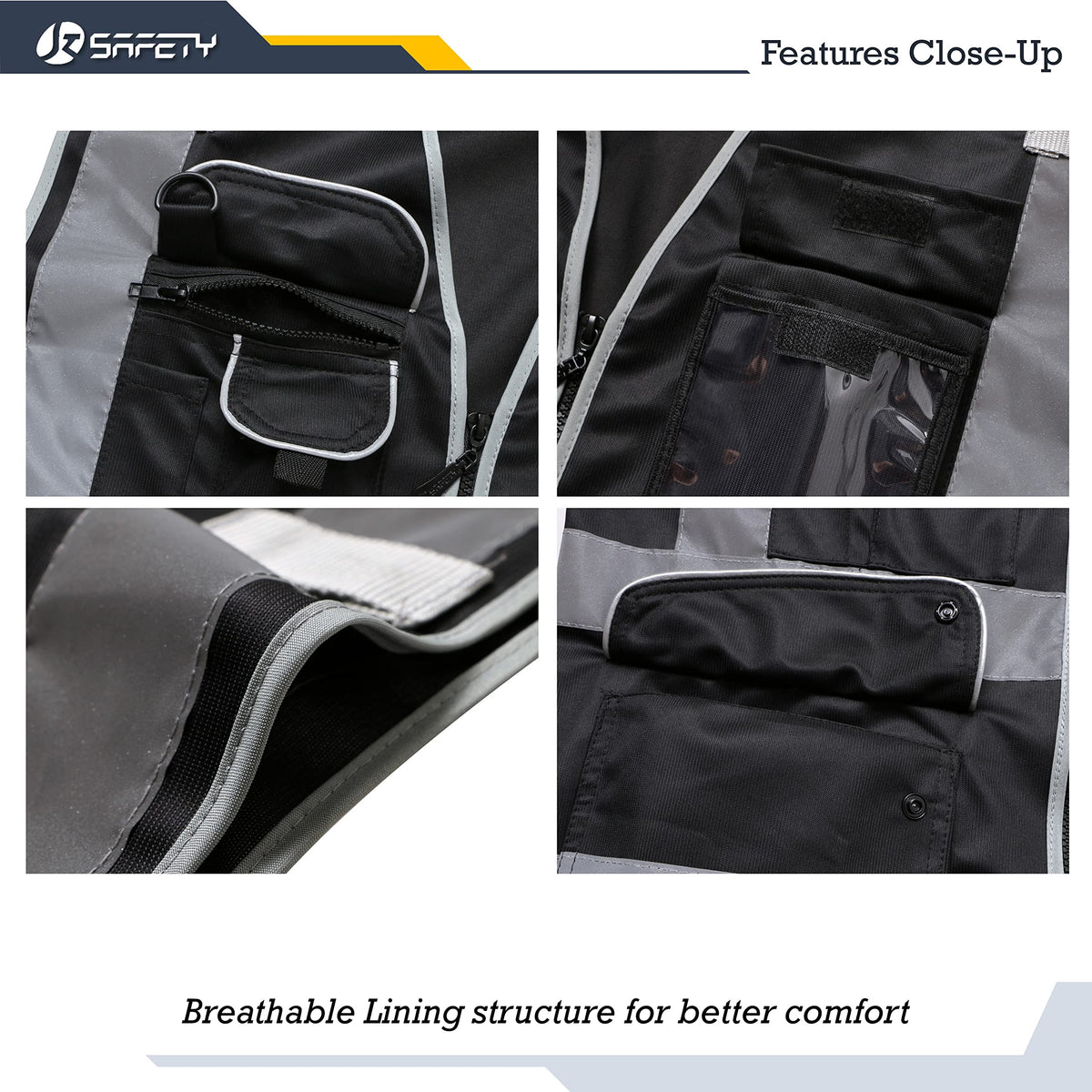 JKSafety vest back view showing 360° reflectivity for low-light safety.