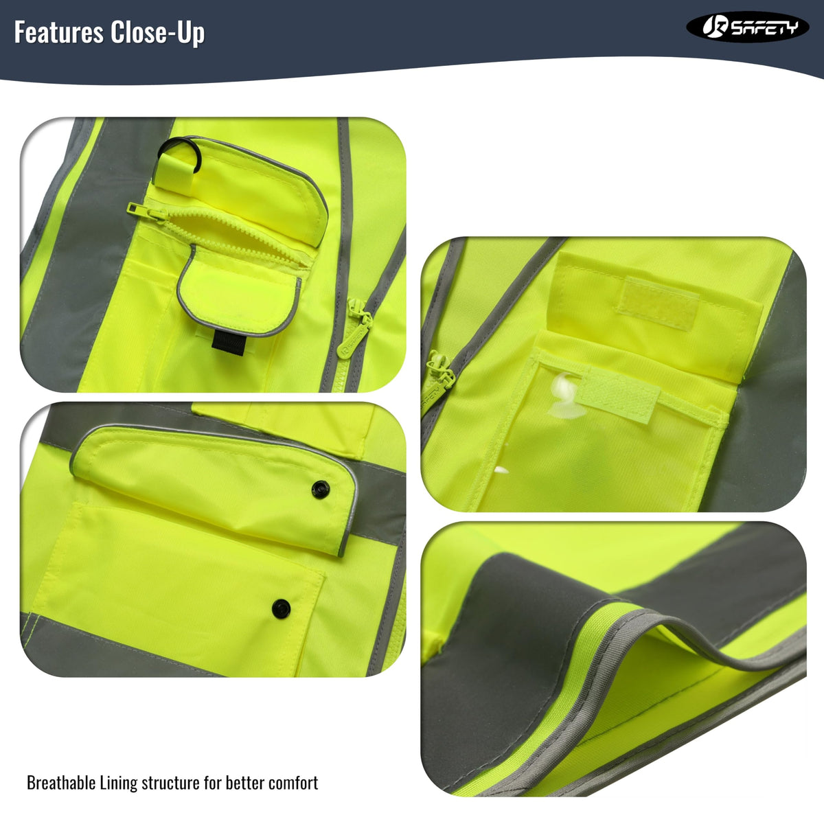JKSafety vest back view shows 360° reflective stripes for visibility.