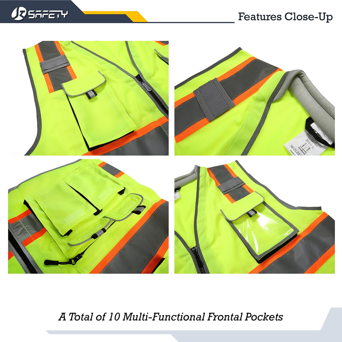 JKSafety vest back view highlighting 360-degree reflectivity and neon color