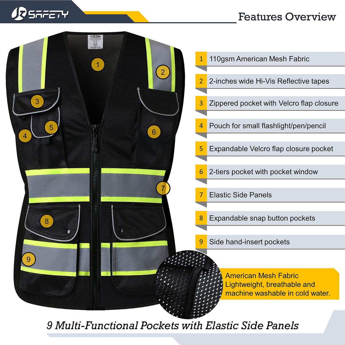 JKSafety vest extended yellow trims detail enhances edge visibility during work.