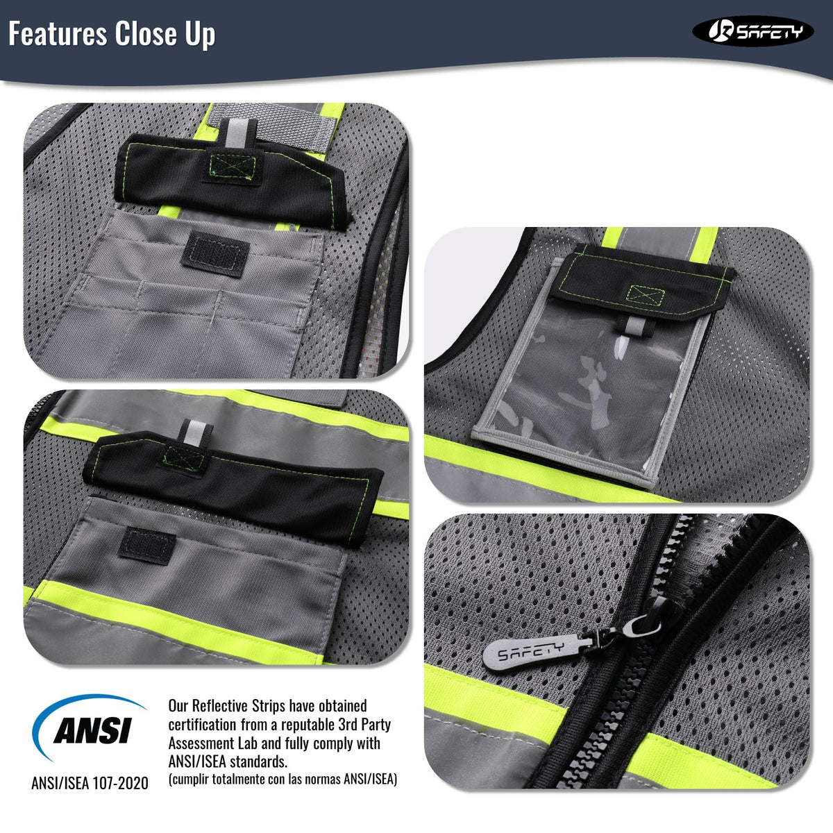JKSafety vest pockets and ID window close-up for quick item access.