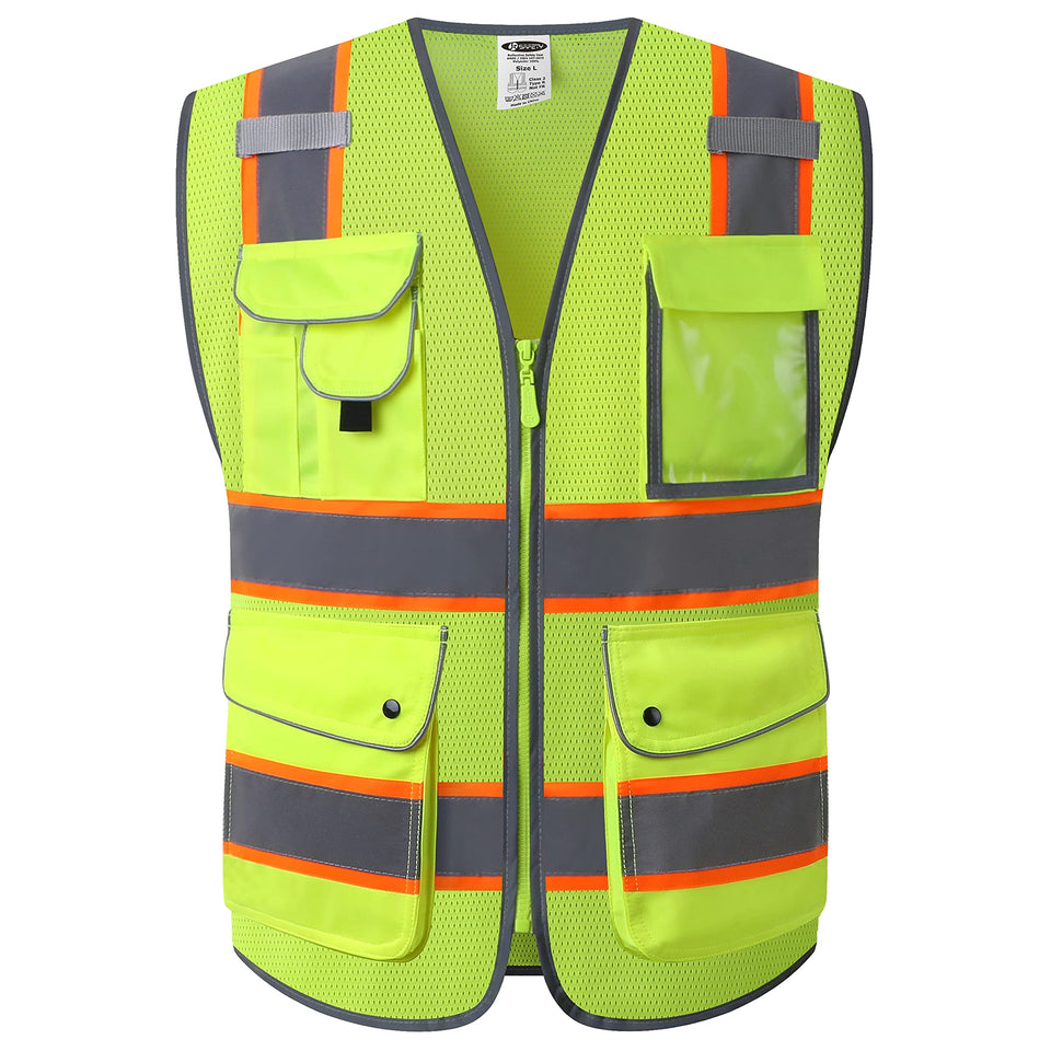 JKSafety neon yellow vest front view with 9 pockets for gear organization