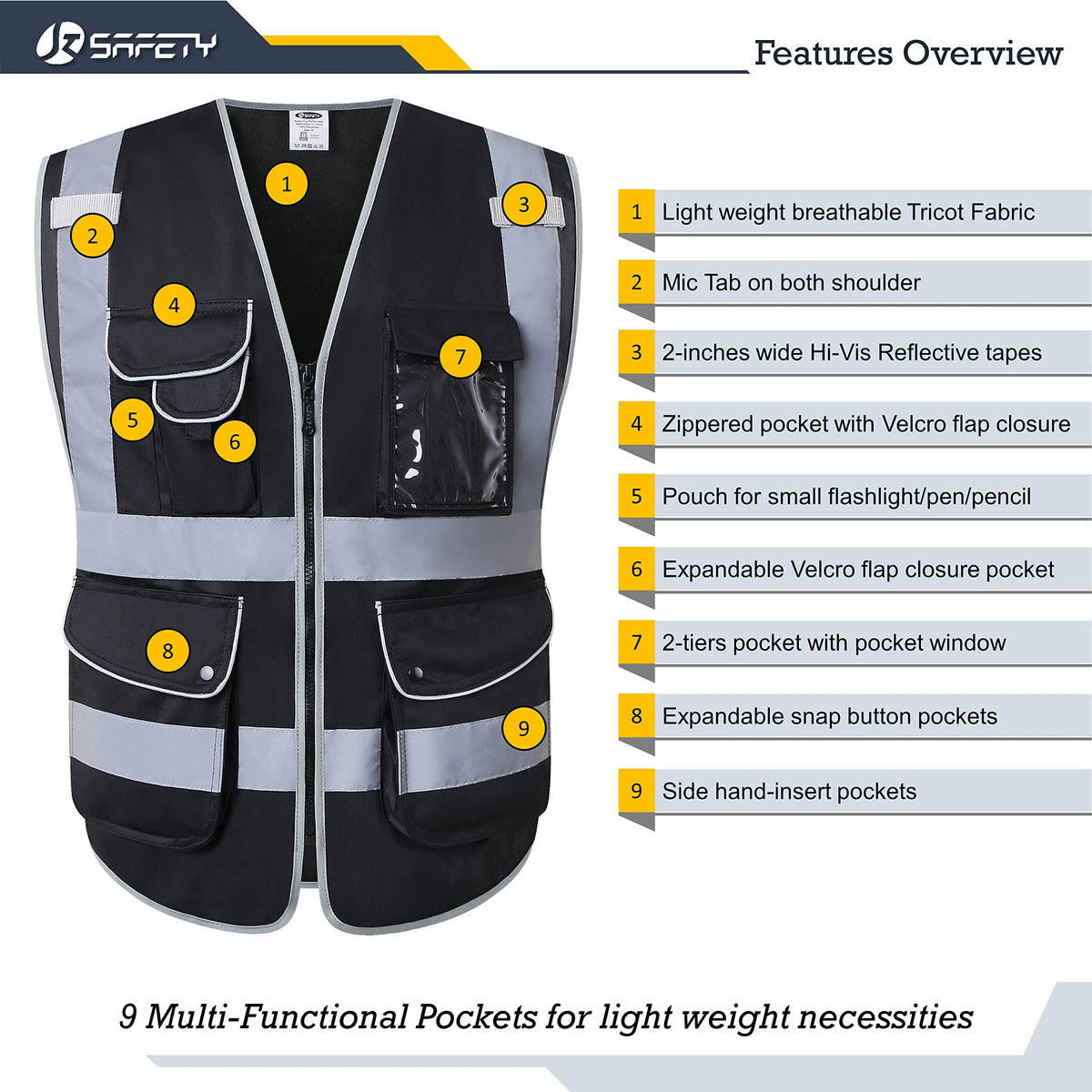 JKSafety vest nine-pocket layout keeps tools and devices organized.