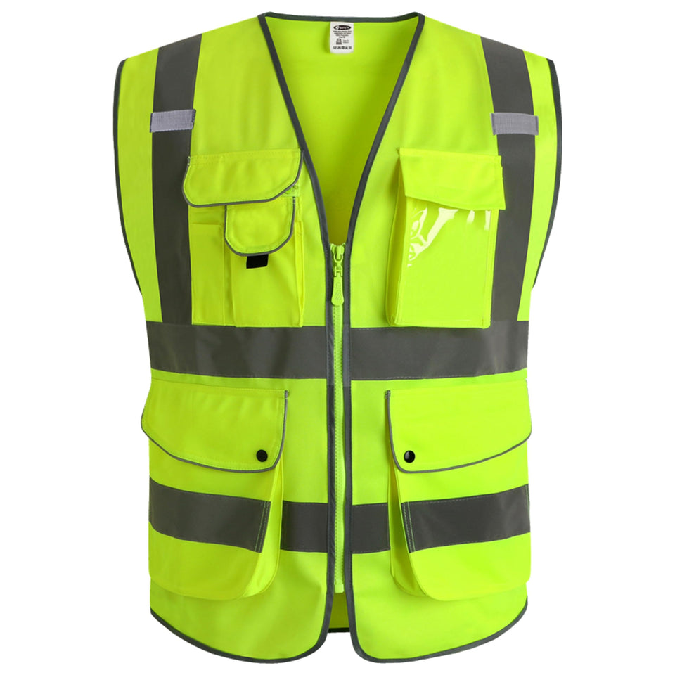 JKSafety vest front view showing nine pockets for easy-access storage.