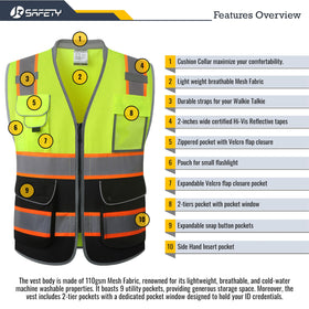 JKSafety vest pocket layout showing ID window and expandable pockets for easy access
